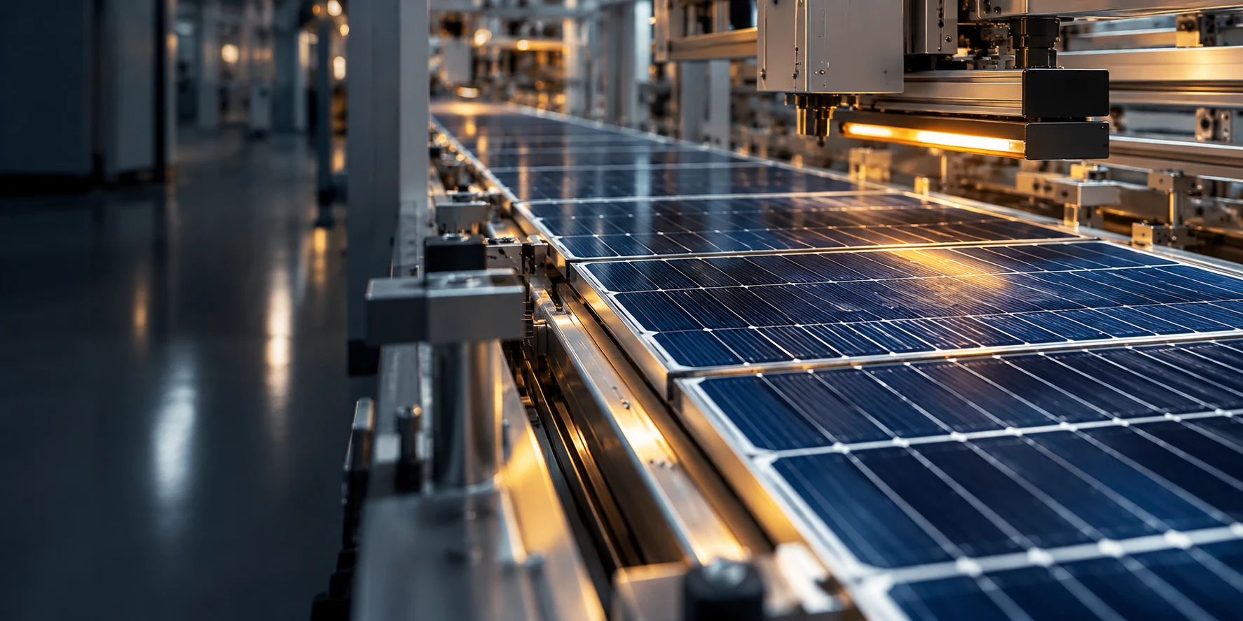 Illustrative view of photovoltaic cells on a manufacturing line